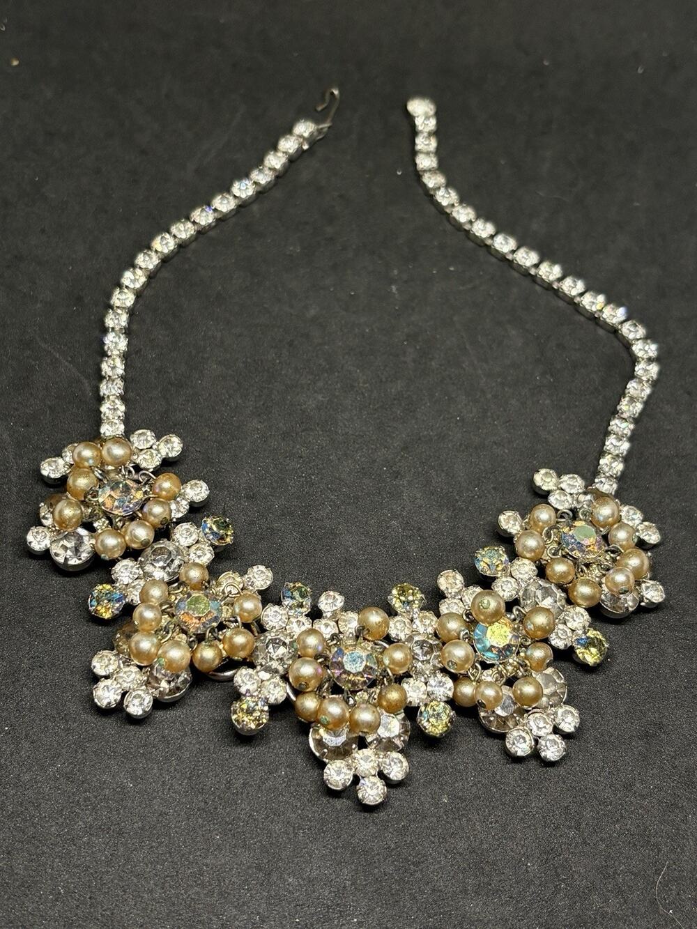 Vintage Juliana DeLizza Elster Rhinestone Faux Pearl Aurora Borealis Necklace
